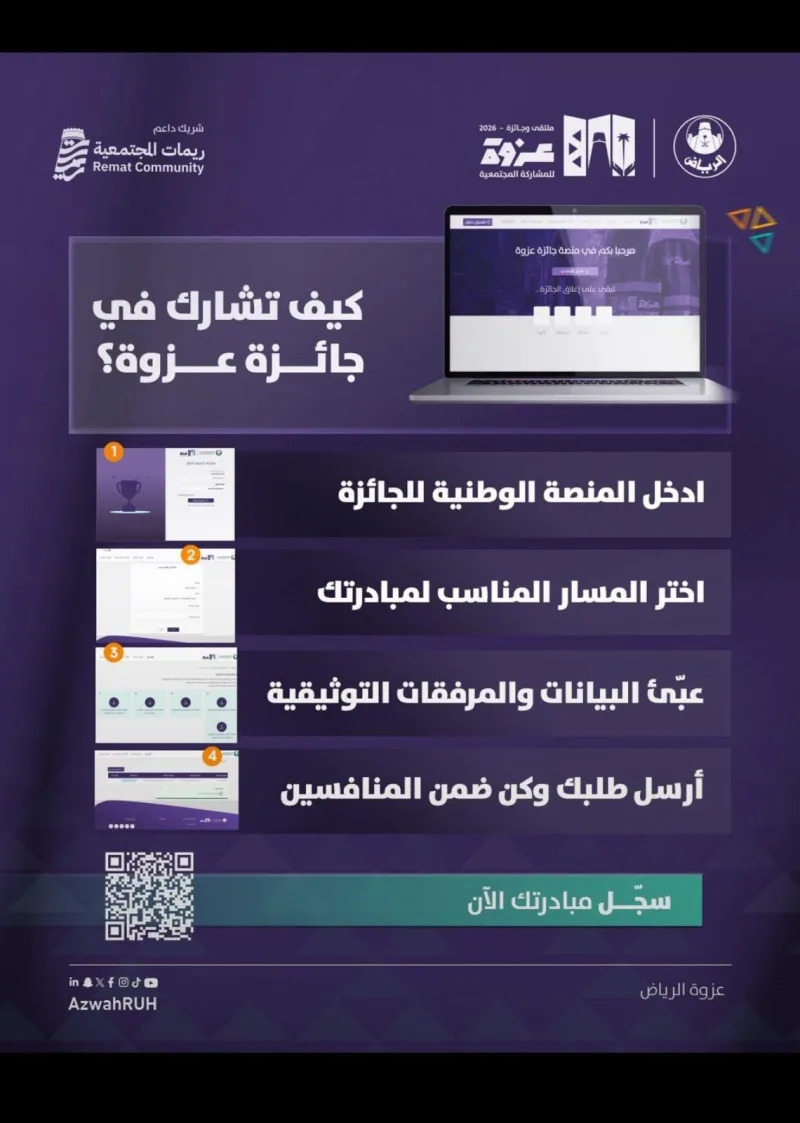 أمانة الرياض تفتح التسجيل في الدورة الثانية من جائزة «عزوة» للعمل التطوعي البلدي