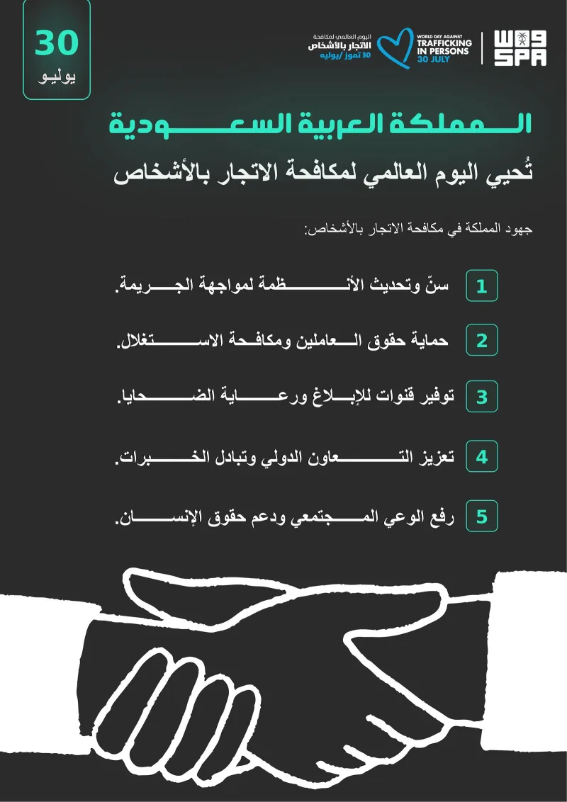 عربستان در روز جهانی مبارزه با قاچاق انسان: پیشگیری، حمایت از قربانیان و پیگرد قضایی