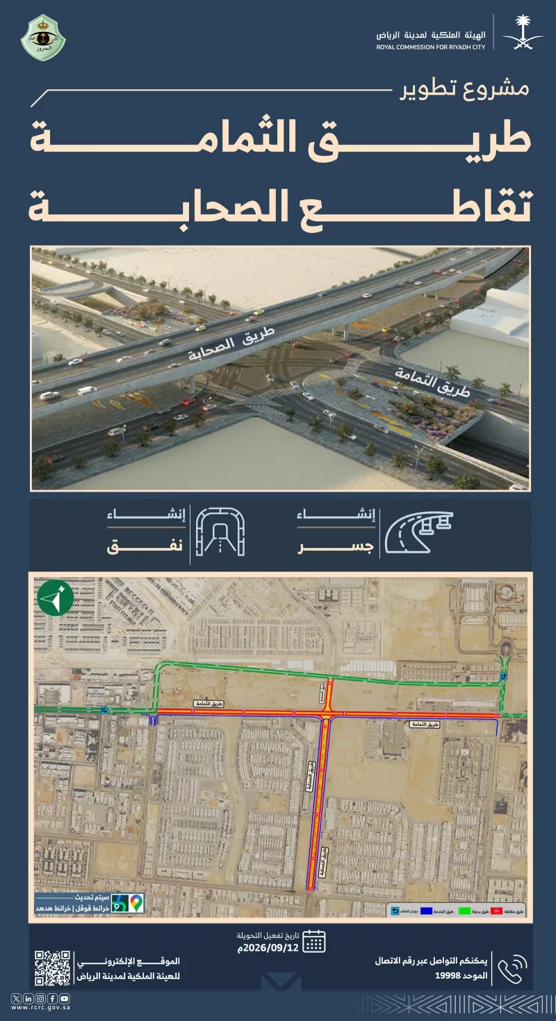 تحويلة مرورية من 12 سبتمبر لتنفيذ جسر ونفق عند تقاطع الثمامة مع الصحابة في الرياض